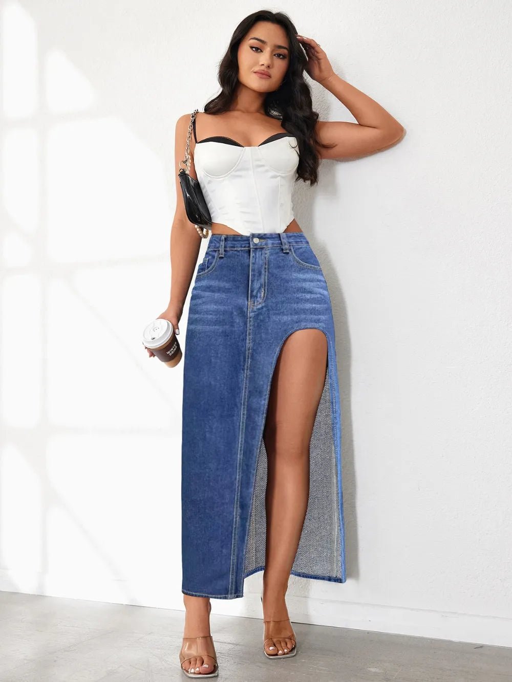 High Rise Slit Denim Skirt - Bratty Luxe