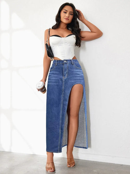High Rise Slit Denim Skirt - Bratty Luxe