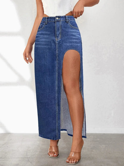 High Rise Slit Denim Skirt - Bratty Luxe