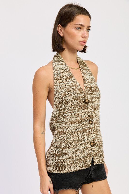 HLATER NECK BUTTON FRONT KNIT TOP - Bratty Luxe