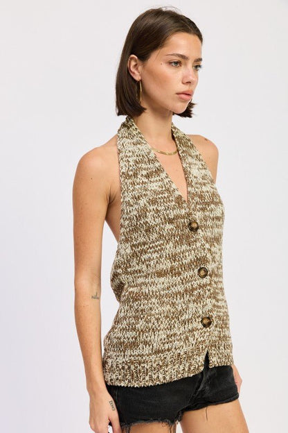 HLATER NECK BUTTON FRONT KNIT TOP - Bratty Luxe