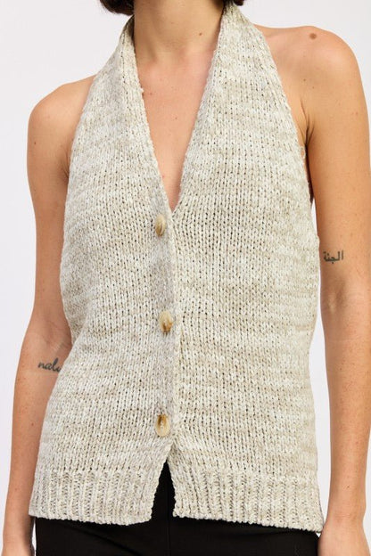 HLATER NECK BUTTON FRONT KNIT TOP - Bratty Luxe