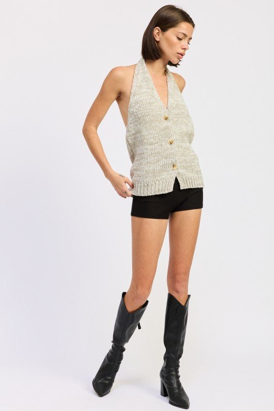 HLATER NECK BUTTON FRONT KNIT TOP - Bratty Luxe