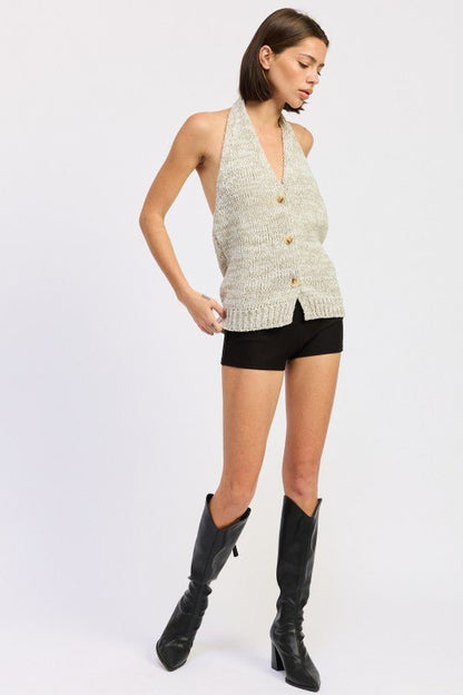 HLATER NECK BUTTON FRONT KNIT TOP - Bratty Luxe