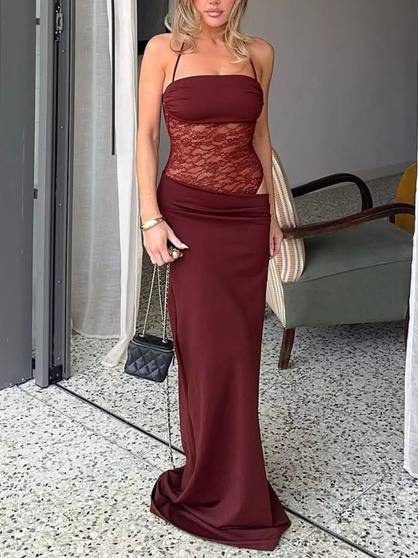 Lace Cutout Tie Shoulder Maxi Dress - Bratty Luxe