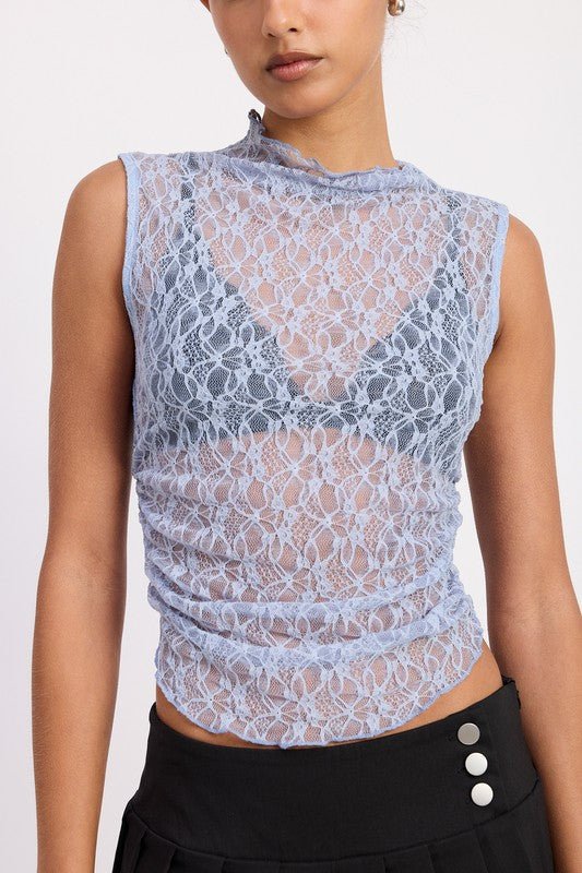 LACE MOCK NECK SLEEVELESS TOP WITH SIDE RUCHING - Bratty Luxe