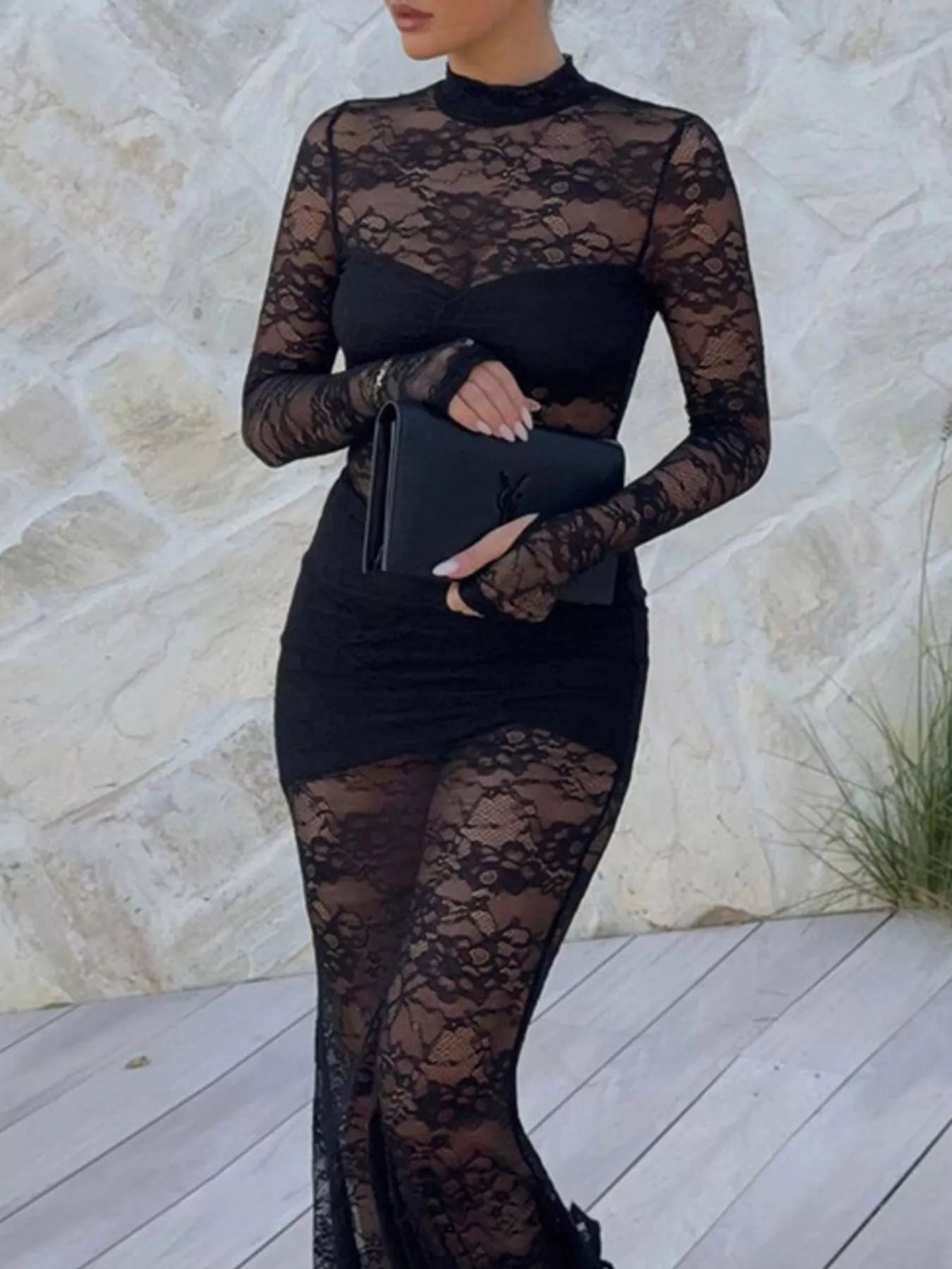 Lace Sheer Mock Neck Long Sleeve Maxi Dress - Bratty Luxe