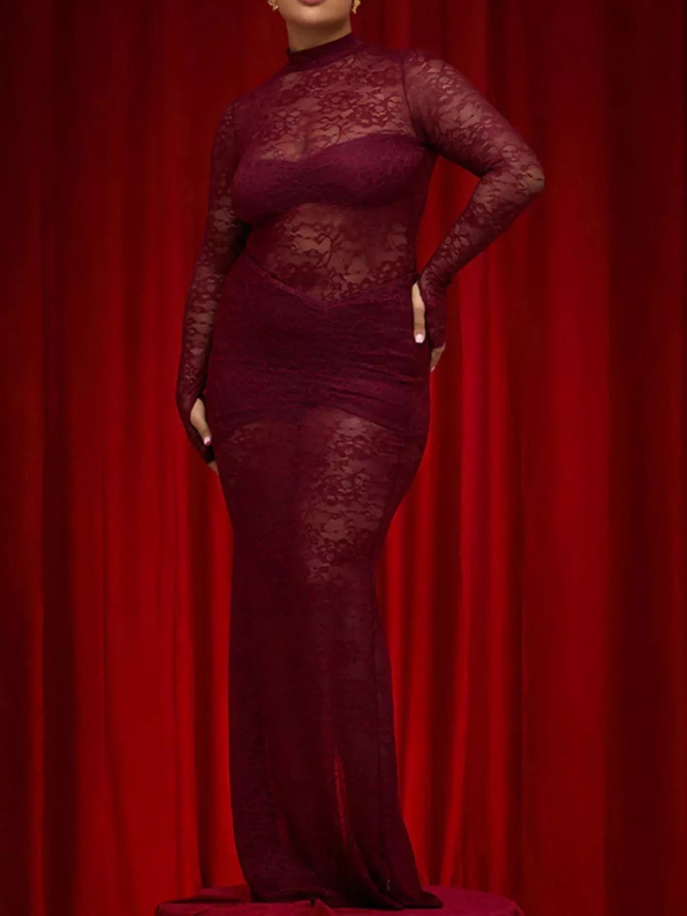 Lace Sheer Mock Neck Long Sleeve Maxi Dress - Bratty Luxe