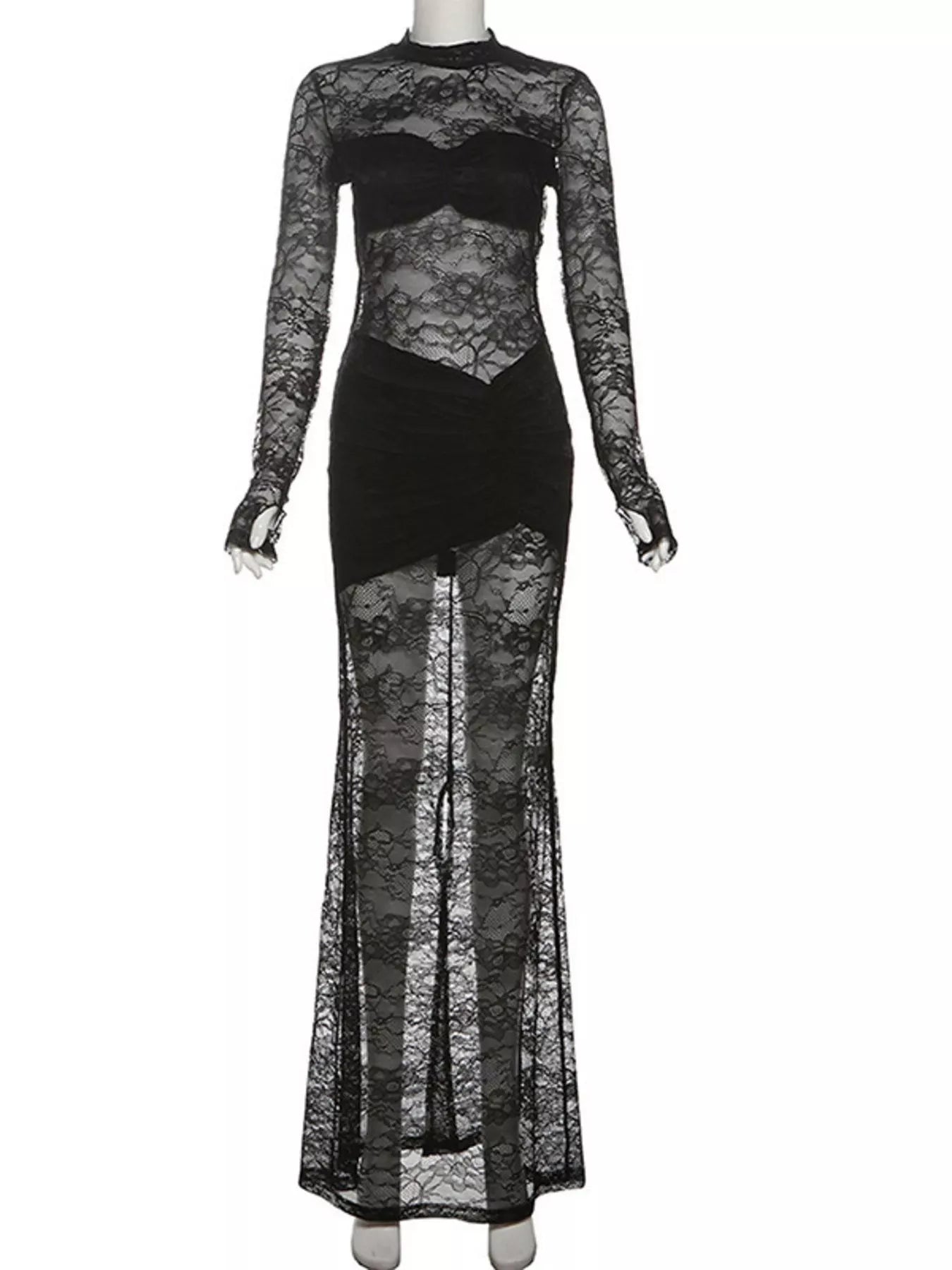 Lace Sheer Mock Neck Long Sleeve Maxi Dress - Bratty Luxe