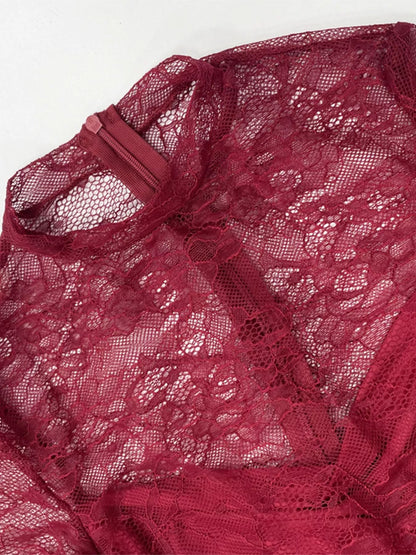 Lace Sheer Mock Neck Long Sleeve Maxi Dress - Bratty Luxe