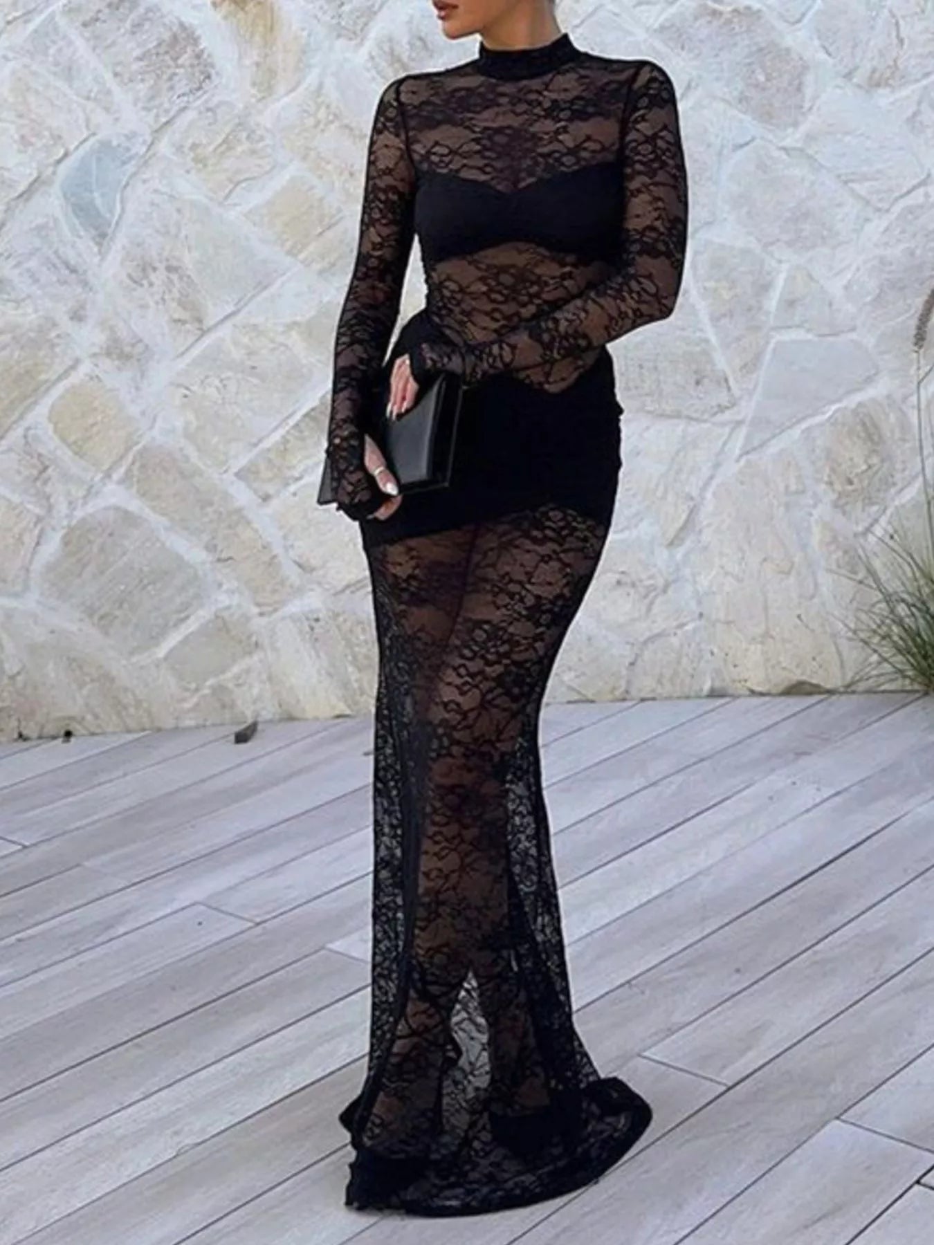 Lace Sheer Mock Neck Long Sleeve Maxi Dress - Bratty Luxe