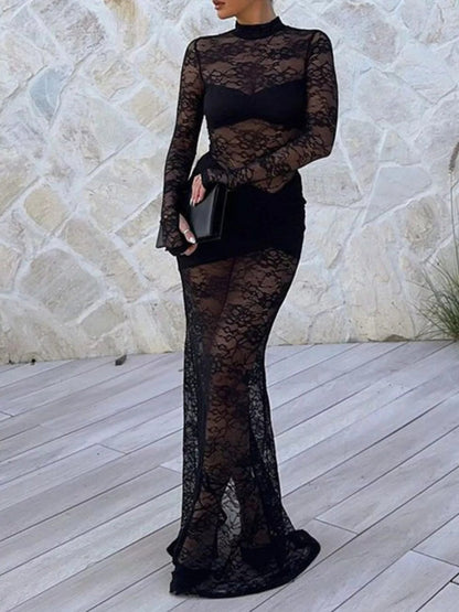 Lace Sheer Mock Neck Long Sleeve Maxi Dress - Bratty Luxe