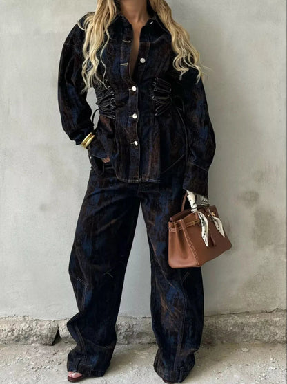 Lace Up Button Up Jacket and Jeans Denim Set - Bratty Luxe