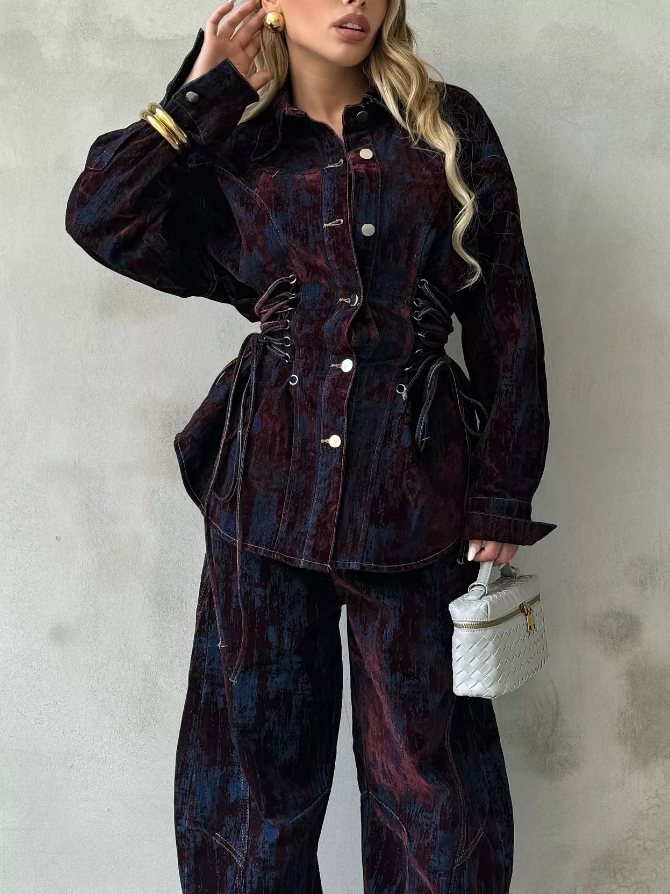 Lace Up Button Up Jacket and Jeans Denim Set - Bratty Luxe