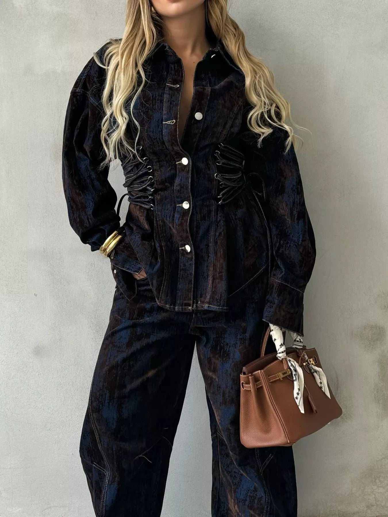 Lace Up Button Up Jacket and Jeans Denim Set - Bratty Luxe