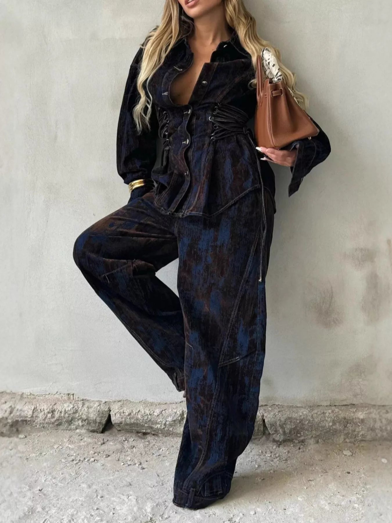 Lace Up Button Up Jacket and Jeans Denim Set - Bratty Luxe