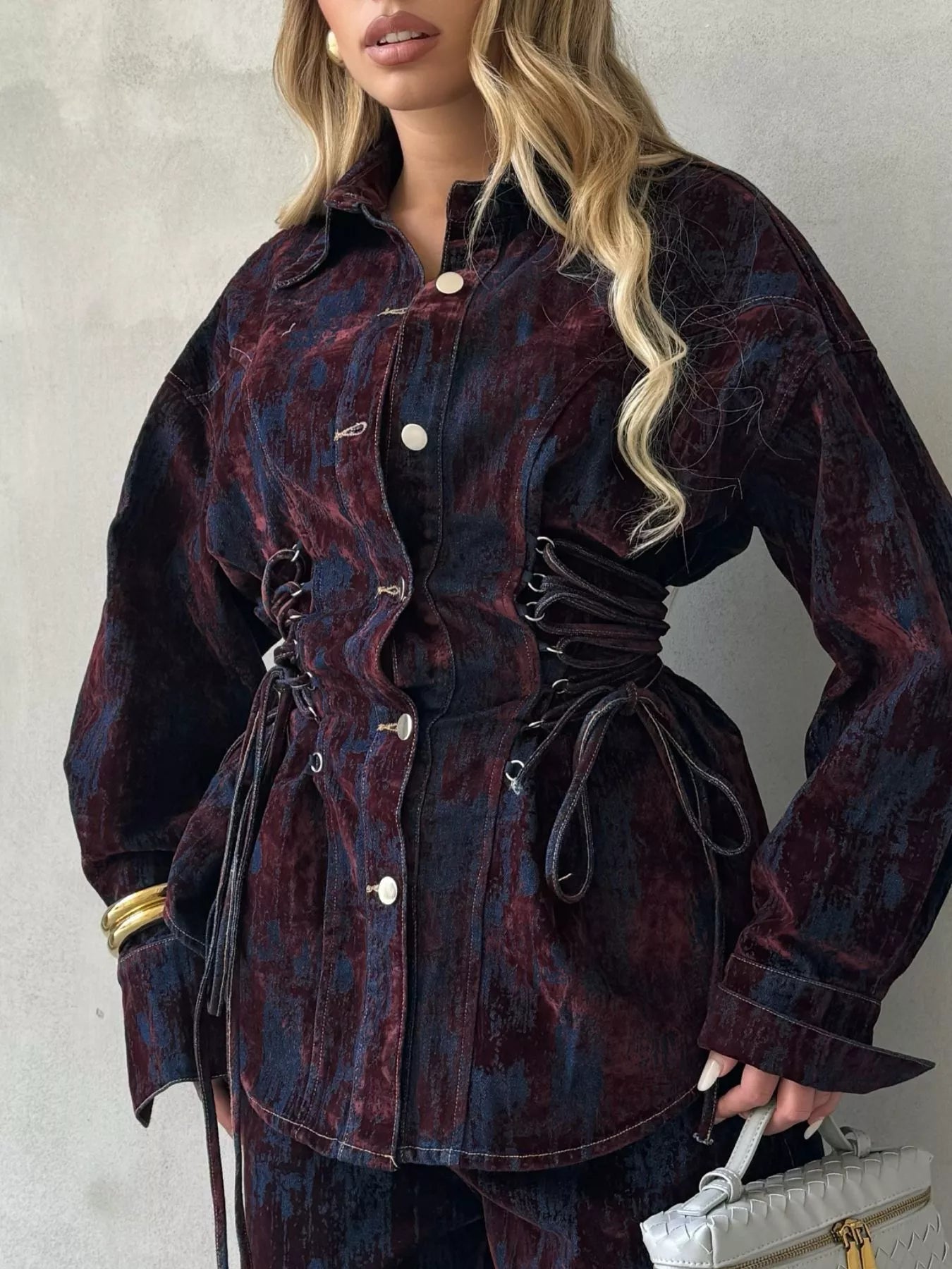 Lace Up Button Up Jacket and Jeans Denim Set - Bratty Luxe