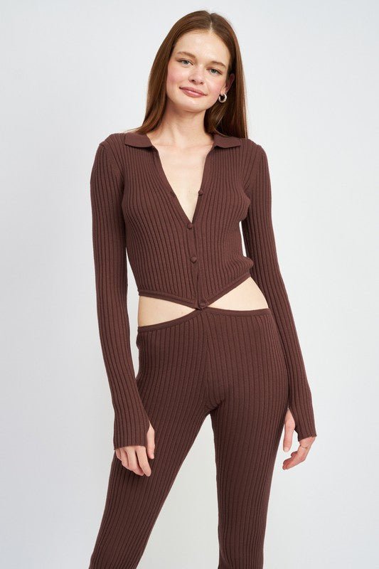 LONG SLEEVE BUTTON UP JUMPSUIT WITH SIDE CUT OUTS - Bratty Luxe