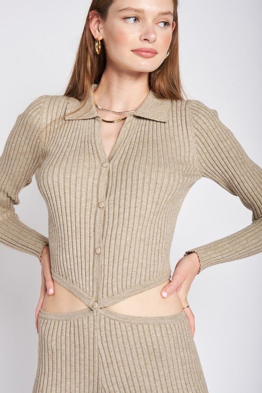 LONG SLEEVE BUTTON UP JUMPSUIT WITH SIDE CUT OUTS - Bratty Luxe