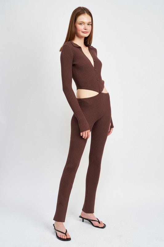 LONG SLEEVE BUTTON UP JUMPSUIT WITH SIDE CUT OUTS - Bratty Luxe