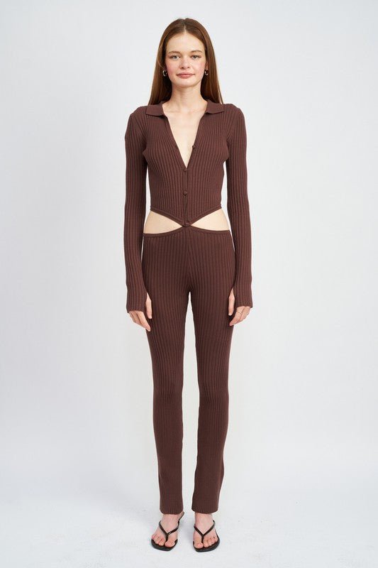 LONG SLEEVE BUTTON UP JUMPSUIT WITH SIDE CUT OUTS - Bratty Luxe