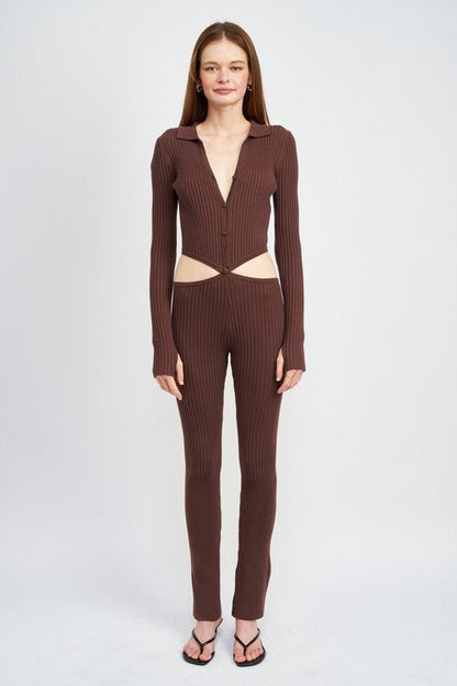 LONG SLEEVE BUTTON UP JUMPSUIT WITH SIDE CUT OUTS - Bratty Luxe