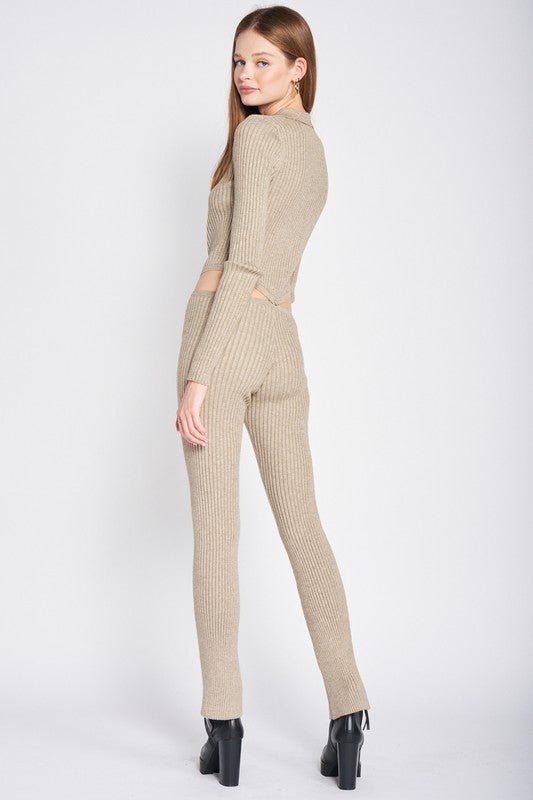 LONG SLEEVE BUTTON UP JUMPSUIT WITH SIDE CUT OUTS - Bratty Luxe