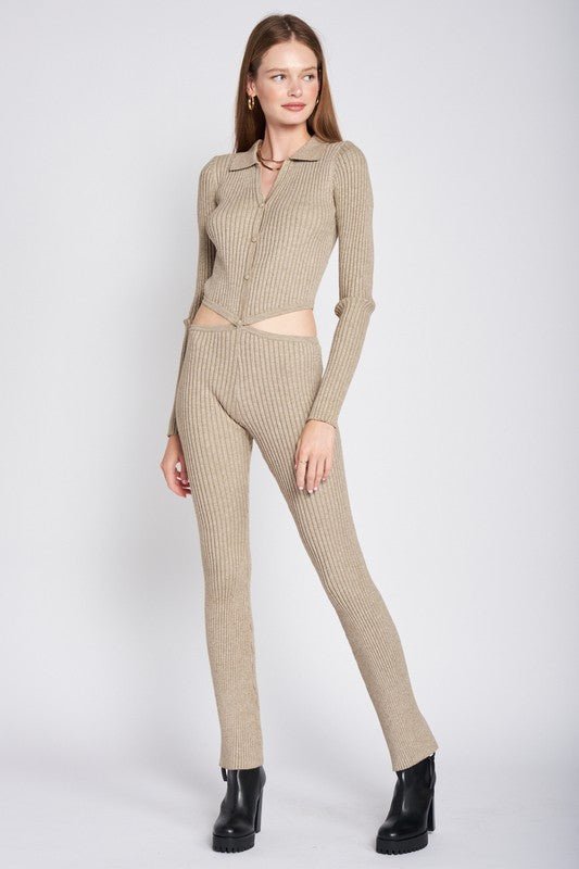 LONG SLEEVE BUTTON UP JUMPSUIT WITH SIDE CUT OUTS - Bratty Luxe