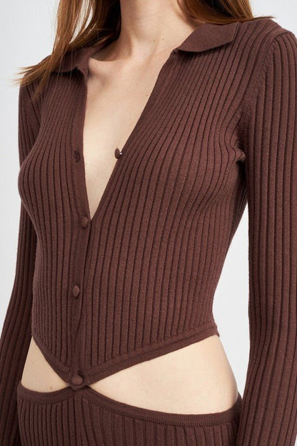 LONG SLEEVE BUTTON UP JUMPSUIT WITH SIDE CUT OUTS - Bratty Luxe