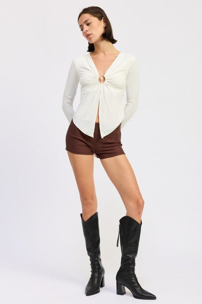 LONG SLEEVE FRONT RING RUCHED TOP - Bratty Luxe