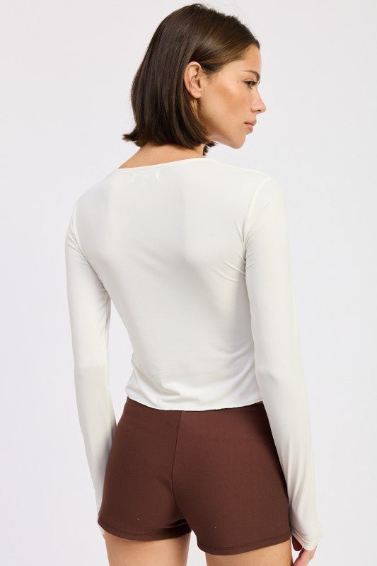LONG SLEEVE FRONT RING RUCHED TOP - Bratty Luxe