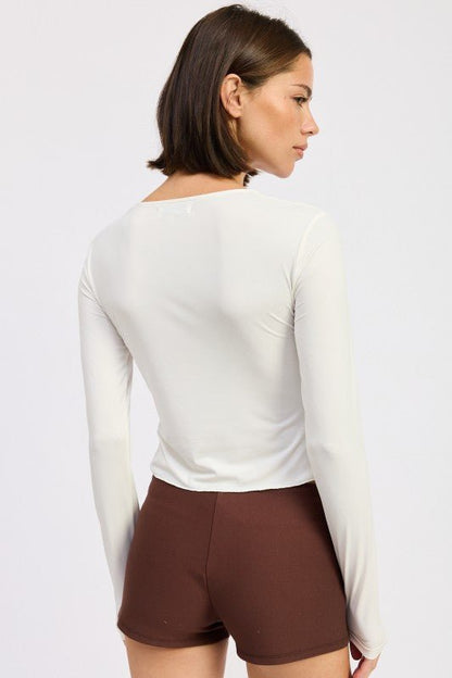 LONG SLEEVE FRONT RING RUCHED TOP - Bratty Luxe