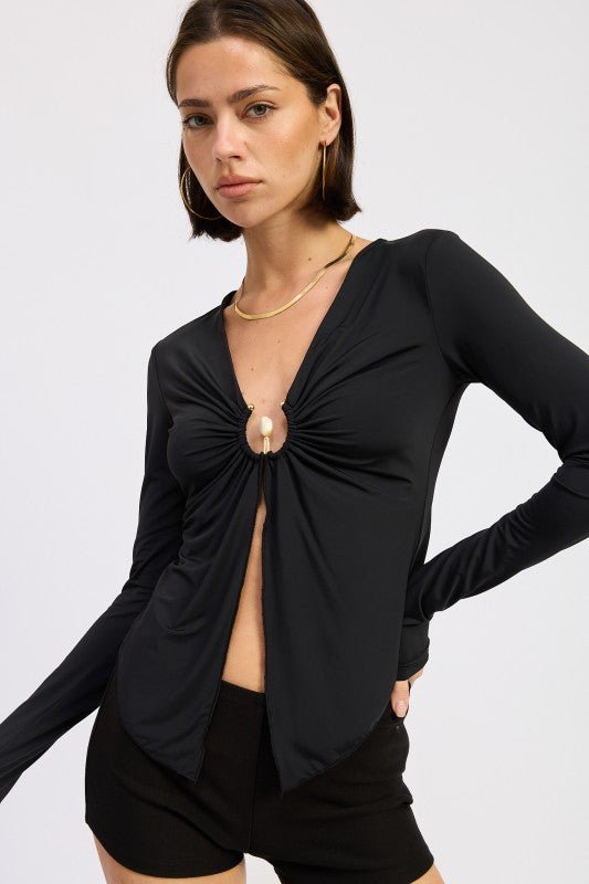 LONG SLEEVE FRONT RING RUCHED TOP - Bratty Luxe