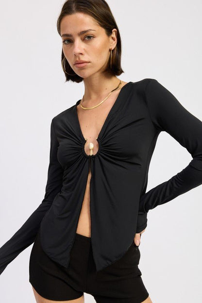 LONG SLEEVE FRONT RING RUCHED TOP - Bratty Luxe