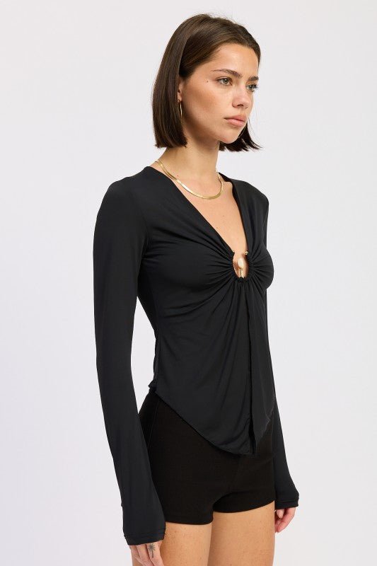 LONG SLEEVE FRONT RING RUCHED TOP - Bratty Luxe