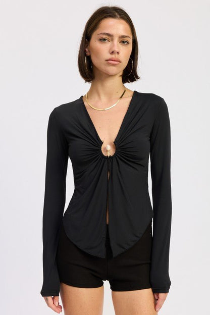 LONG SLEEVE FRONT RING RUCHED TOP - Bratty Luxe
