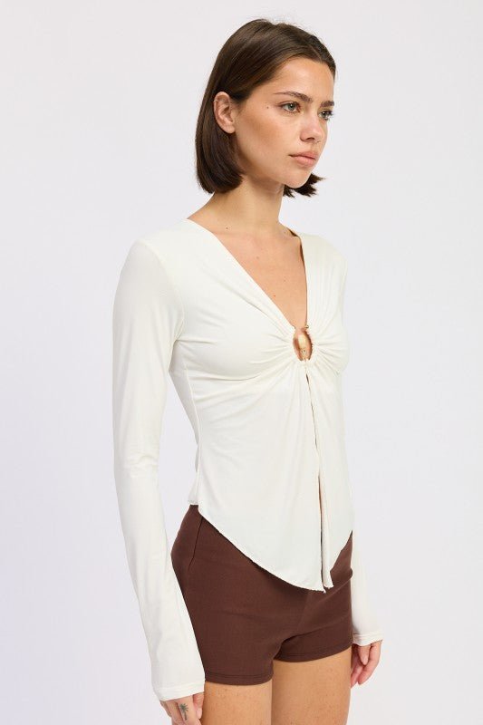 LONG SLEEVE FRONT RING RUCHED TOP - Bratty Luxe