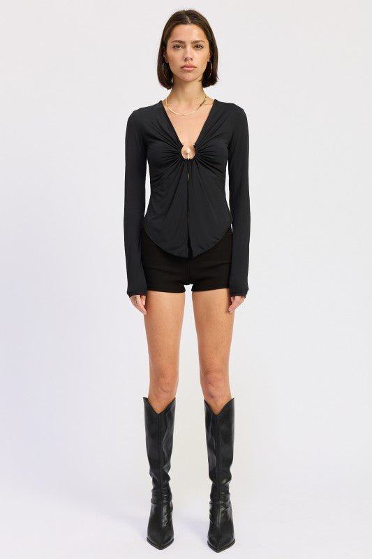 LONG SLEEVE FRONT RING RUCHED TOP - Bratty Luxe