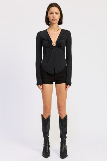LONG SLEEVE FRONT RING RUCHED TOP - Bratty Luxe