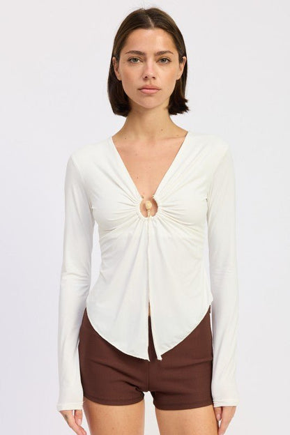 LONG SLEEVE FRONT RING RUCHED TOP - Bratty Luxe