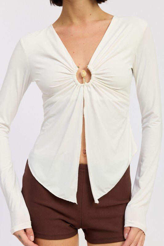 LONG SLEEVE FRONT RING RUCHED TOP - Bratty Luxe