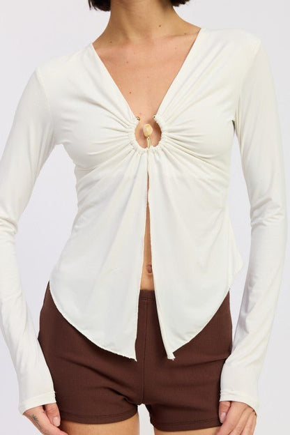 LONG SLEEVE FRONT RING RUCHED TOP - Bratty Luxe