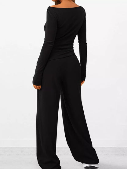 Long Sleeve Top and Wide Leg Pants Set - Bratty Luxe