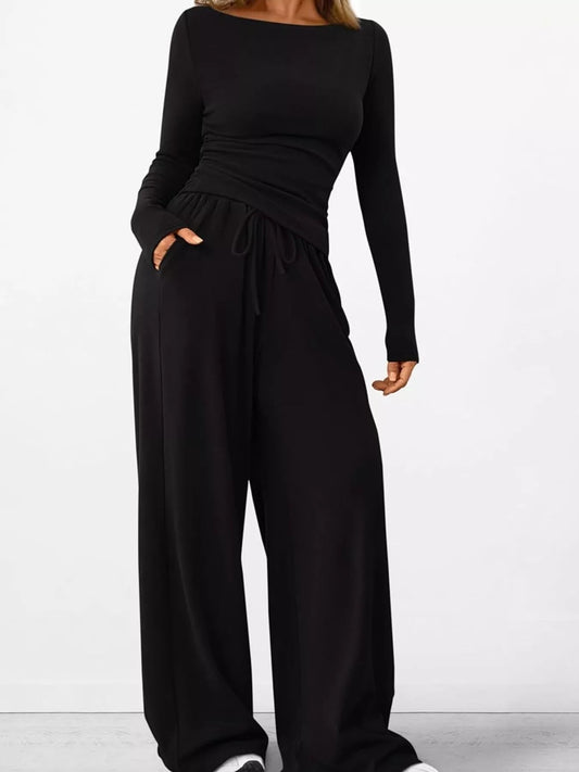 Long Sleeve Top and Wide Leg Pants Set - Bratty Luxe