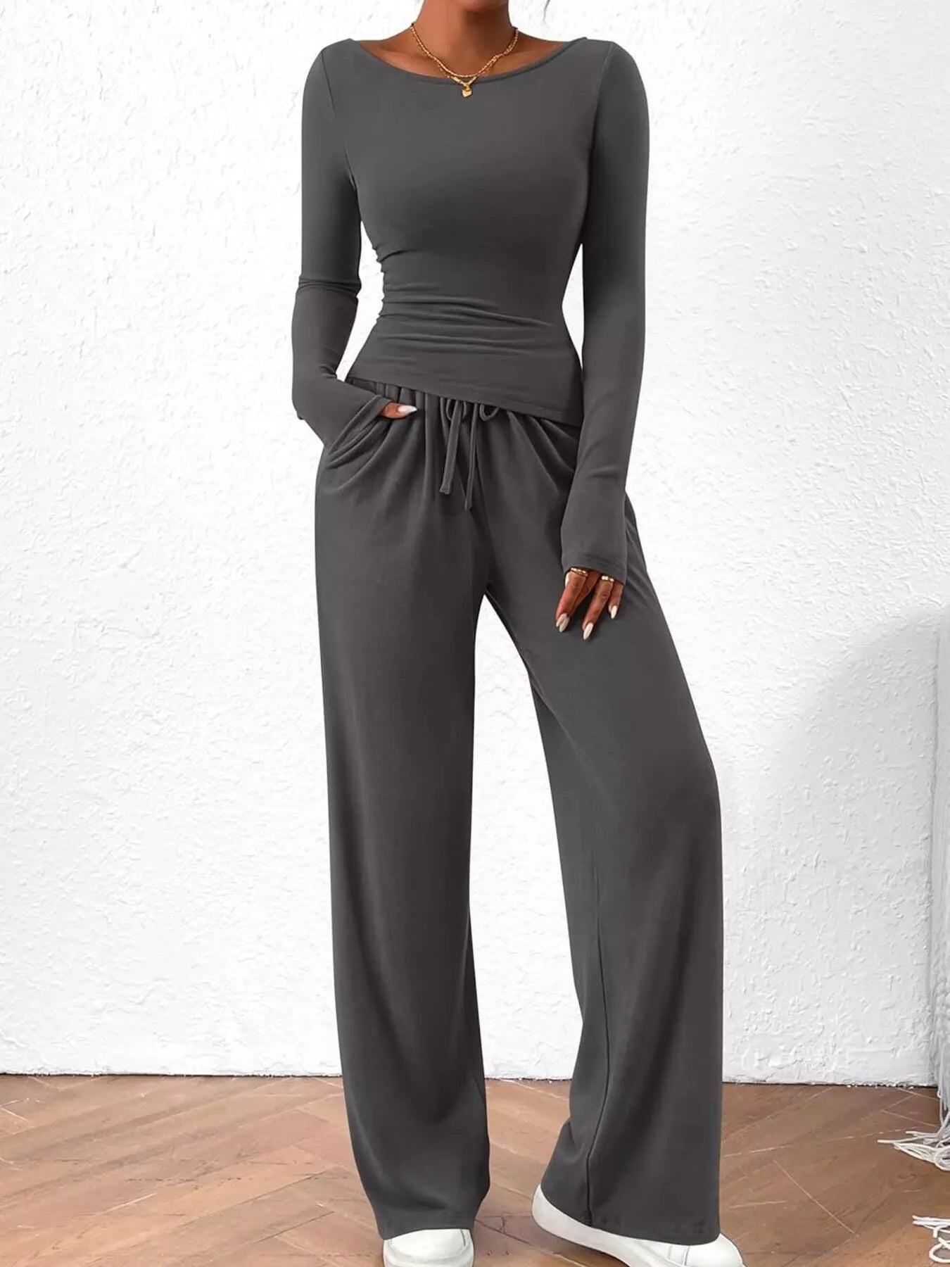 Long Sleeve Top and Wide Leg Pants Set - Bratty Luxe