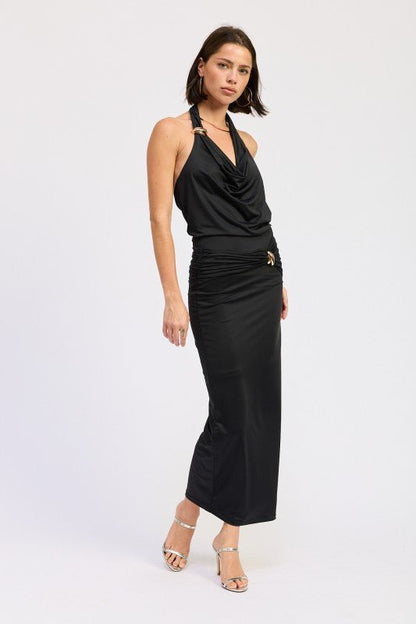 MAXI RUCHED KNITSKIRT WITH GOLD TRIM - Bratty Luxe