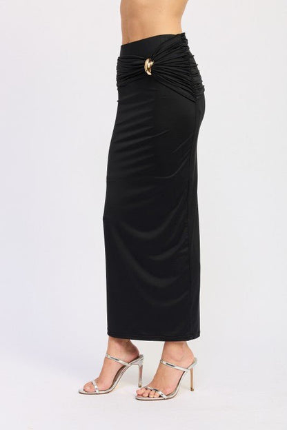MAXI RUCHED KNITSKIRT WITH GOLD TRIM - Bratty Luxe