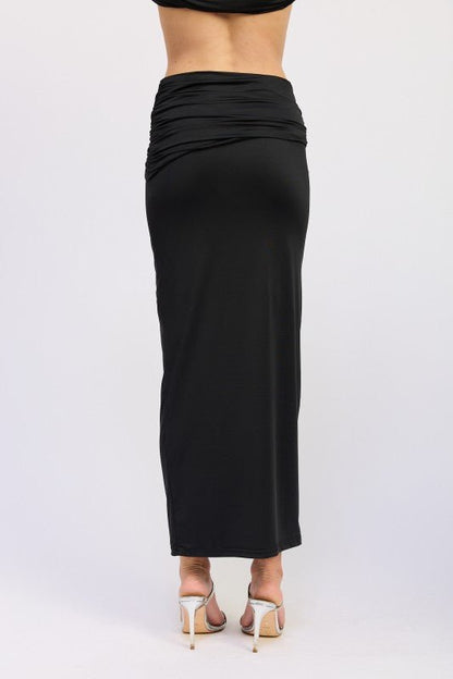 MAXI RUCHED KNITSKIRT WITH GOLD TRIM - Bratty Luxe