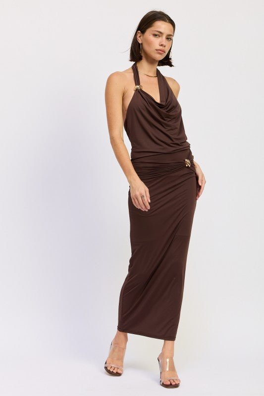 MAXI RUCHED KNITSKIRT WITH GOLD TRIM - Bratty Luxe