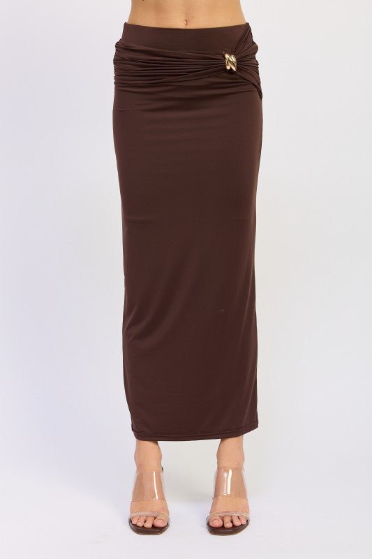 MAXI RUCHED KNITSKIRT WITH GOLD TRIM - Bratty Luxe